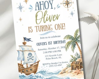 Pirate Party Invitation, First Birthday Invite, Soft Watercolor Ship, Editable 5x7 Canva Template
