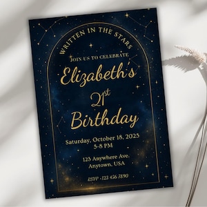 Convite de aniversário celestial, convite para festa escrito nas estrelas, modelo editável do Canva para qualquer idade, download para impressão de aniversário de 21 anos