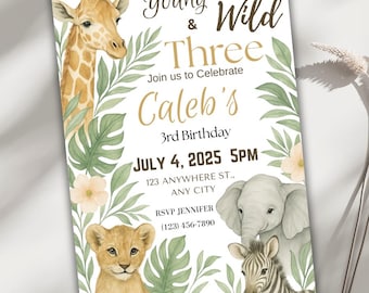 Wild and Three Birthday Invitation, Editable 3rd Birthday Invite, Safari Party, Digital Download Canva Template Instant Printable Invitation