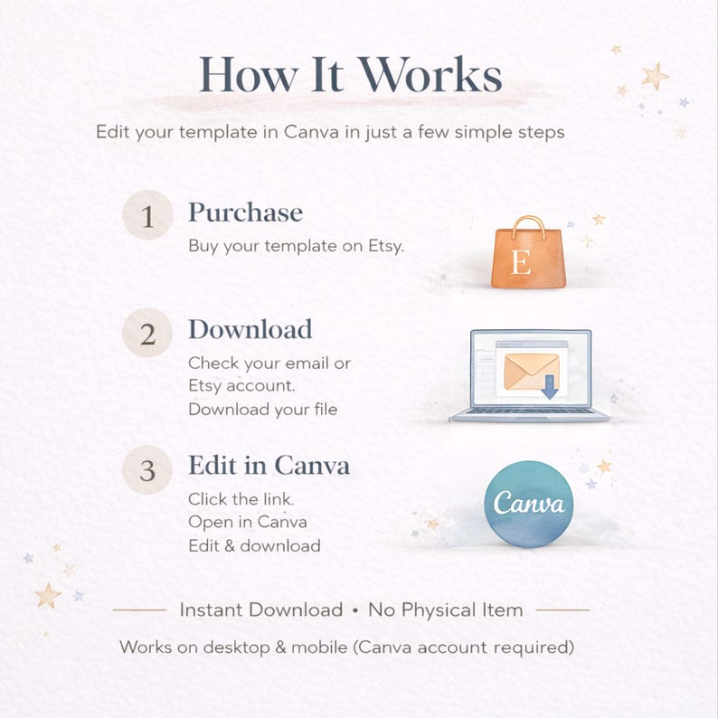 HOW IT WORKS
Purchase the listing
Download the PDF with your Canva link
Personalize the certificate
Download and print
Surprise your child with an official certificate from the Tooth Fairy