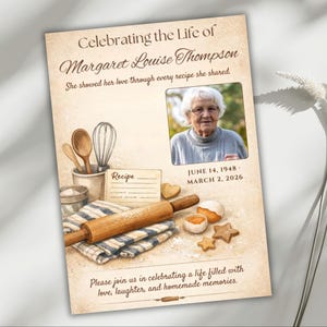 May include: A memorial card with a vintage aesthetic, featuring a photo of Margaret Louise Thompson. The card includes baking-themed illustrations, a recipe card, and the dates June 14, 1948 - March 2, 2026. Text reads "Celebrating the Life of Margaret Louise Thompson."