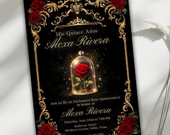 Enchanted Rose Quinceañera Invitation | Elegant Fairytale 15 Años | Royal Princess Quince Invite | Editable Canva Template