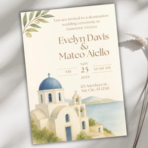 Faire-part de mariage de Santorin modifiable, modèle de toile Grèce Evite, design feuille d'olivier et dôme bleu, impression 5 x 7, téléchargement immédiat, inviter
