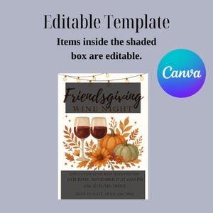 Puede incluir: Plantilla editable para una invitaci&oacute;n a una Noche de Vinos de Acci&oacute;n de Gracias. El dise&ntilde;o presenta dos copas de vino, calabazas y follaje oto&ntilde;al. El texto incluye detalles del evento e informaci&oacute;n de RSVP. El logotipo de Canva es visible.