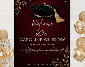Doctorate Welcome Sign Template, PhD Graduation 18x24 Poster, Burgundy Graduation Party Board, Editable Canva Doctoral Entrance Poster