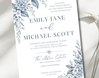 Blue Personalized Wedding Card, Editable Wedding Invitation Template, Dusty Blue Floral Invite, Canva Printable Wedding Invitation
