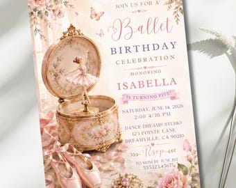 Ballet Birthday Invitation, Ballerina Birthday Invite, Editable 5x7 Canva Template, Dance Party, Music Box Girls Birthday Invitation