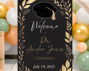 Letrero de bienvenida de doctorado editable, elegante plantilla de Canva con hoja de oro, imprimible de 18 x 24, para fiesta de graduación de doctorado, descarga instantánea