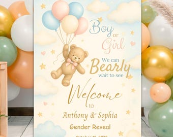 Bear Gender Reveal Welcome Sign, We Can Bearly Wait Party Decor, Pink Blue Balloons Signage, Editable Canva Template Baby Shower Poster