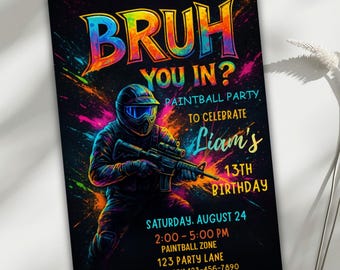 Invitación de cumpleaños de paintball / Invitación para fiesta temática "Broh You In" / Cumpleaños de chicos con brillo neón / Plantilla editable de Canva / Fiesta para adolescentes / Descarga digital