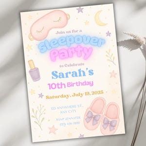 Bearbeitbare Sleepover-Einladung, Tween Girl Slumber Party Canva-Vorlage, Pyjama-Party einladen, 5 x 7 druckbar, sofortiger Download, süß & schick