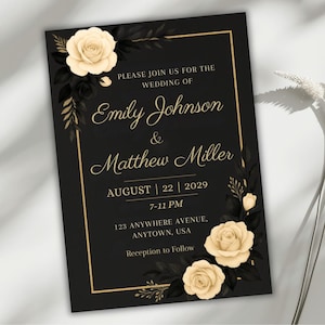 Invitación de boda negra y dorada, plantilla floral color marfil de Canva, tarjeta editable para ceremonia formal, elegante descarga digital imprimible.