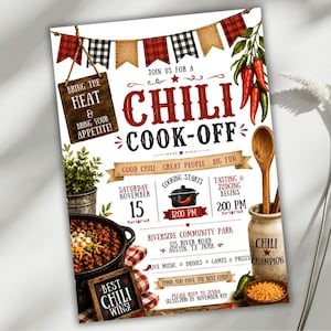 May include: A Chili Cook-Off event flyer featuring red and black plaid bunting, a wooden sign reading Bring the Heat & Bring Your Appetite, red chili peppers, a pot of chili, a wooden spoon in a jar, and event details for November 15 at 12:00 PM.