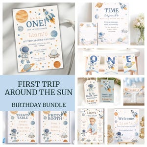 First Trip Around the Sun Birthday Bundle, Space Theme Party Decorations, Editable Canva Template, Boy First Astronaut Set