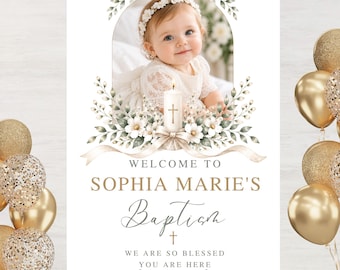 Christening Welcome Board, Baptism Welcome Sign with Photo, Editable Baptism Welcome Board, Catholic Christening Canva Template