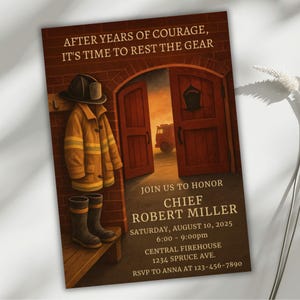 Carte d'invitation départ à la retraite de pompier, fête de départ à la retraite, thème de la caserne de pompiers, invitation à une fête de pompier, modèle de toile modifiable