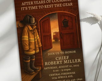 Puede incluir: Tarjeta de invitación con una ilustración vintage. La tarjeta presenta el equipo de un bombero, incluyendo casco, abrigo y botas, con el texto "AFTER YEARS OF COURAGE, IT'S TIME TO REST THE GEAR." También incluye detalles del evento.