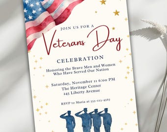 Invitación para el Día de los Veteranos, plantilla editable de Canva, invitación para celebración patriótica, bandera estadounidense en acuarela, tarjeta moderna para ceremonia del Día de los Veteranos