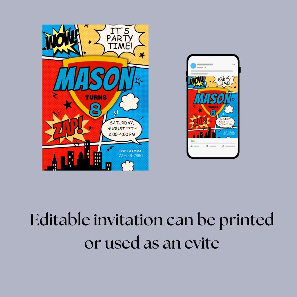 Comic Book Birthday Invitation, Superhero Party Invite, Pop Art POW ...