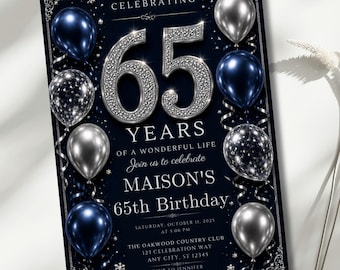 65th Birthday Invitation for Men, Navy Silver Birthday Party Invite, Editable 5x7 Canva Template, Milestone Birthday Invitation