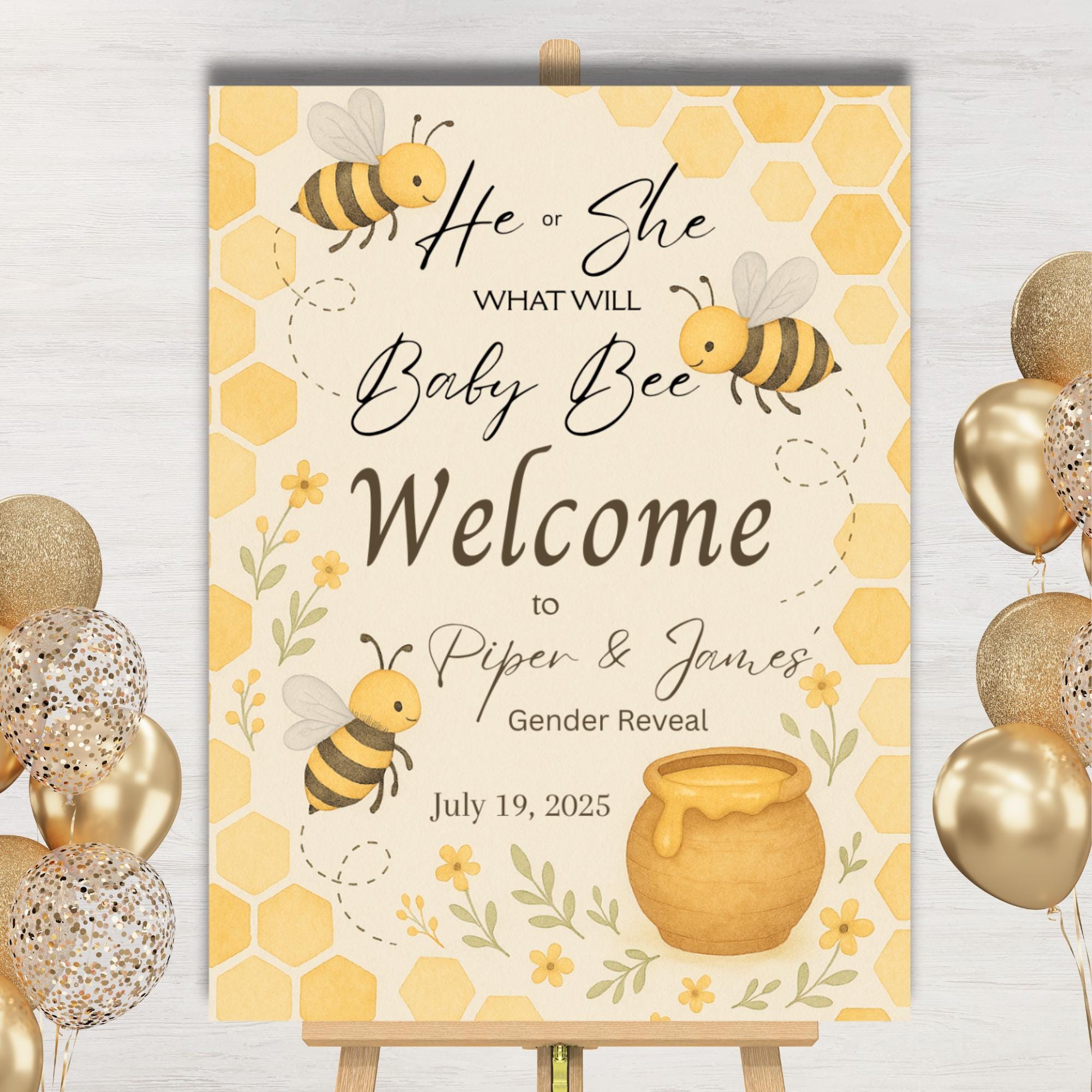 Letrero editable para revelar el género de una abeja bebé. ¿Qué será de ella? Plantilla de letrero de bienvenida de Canva. Póster de 18 x 24 pulgadas. Descarga instantánea. Tema de abeja.