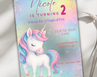 Unicorn Invitation, Editable Birthday Canva Template, Rainbow Unicorn Party Invite, Instant Download for Girls, Printable Invite for Kids