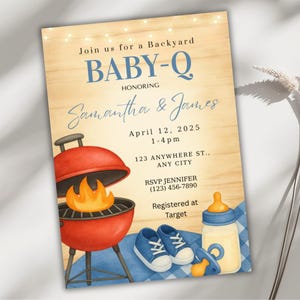 Uitnodiging baby-Q jongen, bewerkbare canvas babyshowersjabloon Evite, BBQ-babyuitnodiging, blauw picknickthema, digitale download, kaart zomerfeest