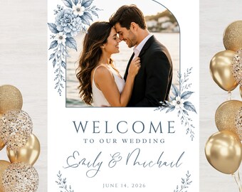 Welcome Wedding Signage with Photo, Editable Wedding Welcome Sign Template, Dusty Blue Floral Wedding Sign, Canva Welcome Board