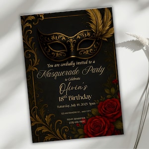 Masquerade Editable Invitation, Elegant Black & Gold Mask Birthday Party Template, Phantom Ball Theme Evite, 5x7 Printable, Instant Download