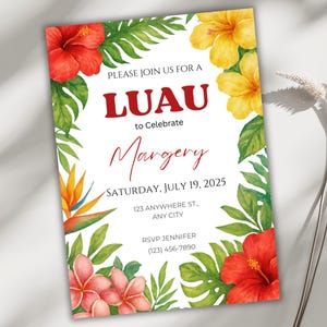 Luau Birthday Invitation, Editable Hawaiian Party Invite, Tropical Summer Celebration, Digital Download Template, Customizable Birthday Card