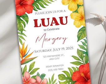 Luau Birthday Invitation, Editable Hawaiian Party Invite, Tropical Summer Celebration, Digital Download Template, Customizable Birthday Card