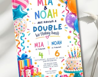 Double Birthday Party Invitation, Joint Birthday Invite for Two Kids, Sibling Birthday Party, Editable 5x7 Canva Template