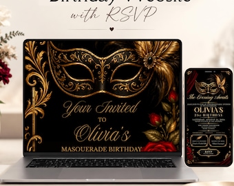 Masquerade Invitation Digital, 3 Page Masquerade Birthday Invitation, Black and Gold Digital Invite, Editable Canva Template