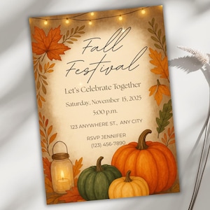 Bewerkbare herfstuitnodiging, Friendsgiving-canvasjabloon, herfstfeestuitnodiging, pompoenoogst, instant download, herfstevenementkaart