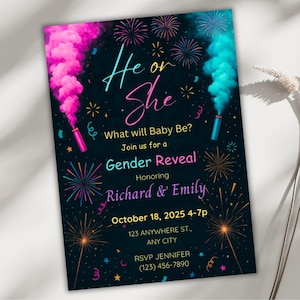 Gender Reveal Einladung, Smoke Bomb Feuerwerk einladen, Bearbeitbare Canva Vorlage Er oder Sie Party, digitaler Download, Paar-Babyparty Evite