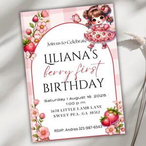 Berry First Birthday Invitation Digital, Editable Canva Template for Strawberry Party, Cute Girl Invite Instant Download,