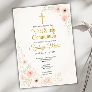 Faire-part première communion pour fille, modèle sur toile floral rose croix or, carte imprimable modifiable, baptême élégant ou invitation religieuse