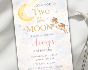 2nd Birthday Invitation | Two the Moon Birthday Invite | Storybook Moon Party | Editable Canva Toddler Birthday Invitation