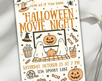 Plantilla de invitación para una noche de cine de Halloween, invitación para una fiesta familiar de Halloween, dibujo otoñal neutro, tarjeta editable de Canva, descarga instantánea