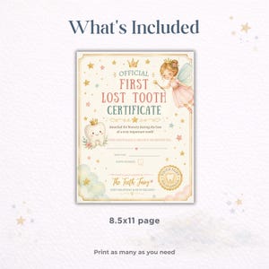 WHAT'S INCLUDED
• Editable First Lost Tooth Certificate Template
• Easy Canva Editing
• Instant Digital Download
• Print as 5x7 Card or Full Page
• Unlimited Edits
• No Software Required

PERFECT FOR
• First Lost Tooth Celebration
• Tooth Fairy Visits
• Milestone Keepsakes
• Memory Books
• Scrapbooks
• Preschool & Elementary Age Children
• Special Family Traditions