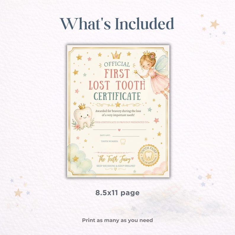WHAT'S INCLUDED
• Editable First Lost Tooth Certificate Template
• Easy Canva Editing
• Instant Digital Download
• Print as 5x7 Card or Full Page
• Unlimited Edits
• No Software Required

PERFECT FOR
• First Lost Tooth Celebration
• Tooth Fairy Visits
• Milestone Keepsakes
• Memory Books
• Scrapbooks
• Preschool & Elementary Age Children
• Special Family Traditions