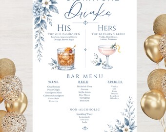 Bar Menu Sign, Signature Drinks Wedding Sign, Editable Wedding Bar Menu Board, Dusty Blue Floral Canva Template, 3 Sizes