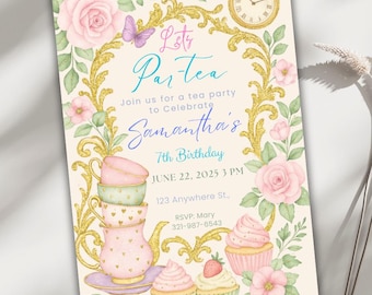 Let's Par-tea Birthday Invitation, Editable Digital Tea Party Invite, Floral Design for Girls, Instant Download