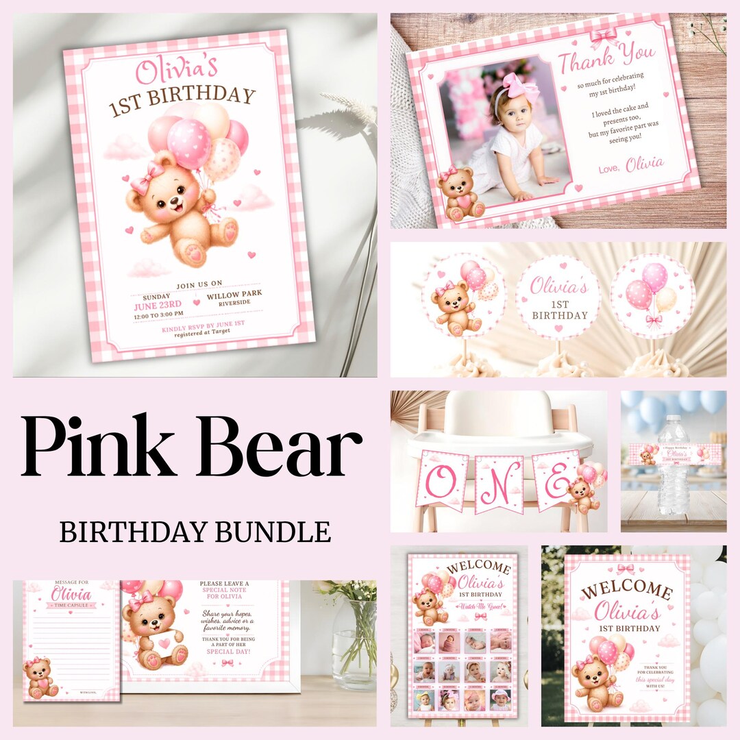 Bear 1st Birthday Bundle Girl, Teddy Bear Party Decorations Set, Pink ...