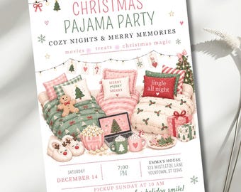 Christmas Pajama Party Invite, Holiday Pajama Party Invitation, Christmas Sleepover Invitation, Editable 5x7 Canva Template