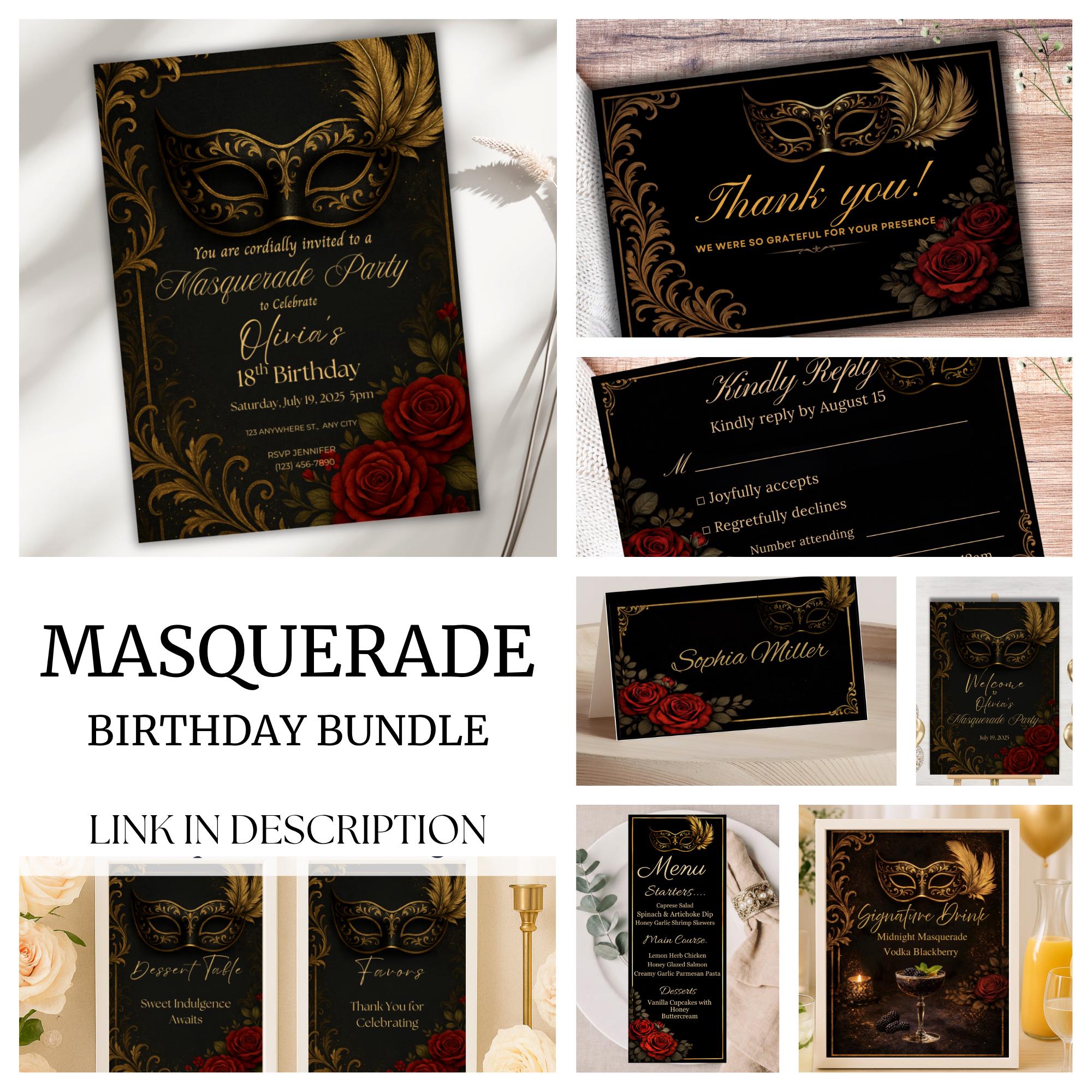 Masquerade Party Table Signs | Black Gold Red Décor | Editable Canva ...
