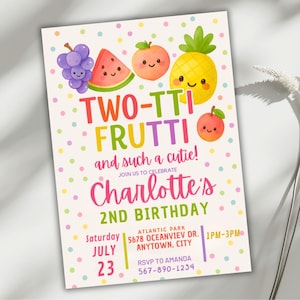 Convite de aniversário com duas frutas, modelo editável para festa de 2 anos no Canva, convite com tema de frutas, cartão de aniversário digital para meninas para download