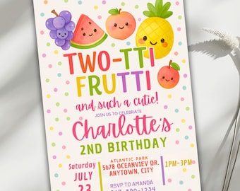 Invitación de cumpleaños frutal Two-tti, plantilla editable de Canva para fiesta de segundo cumpleaños, invitación con temática de frutas, tarjeta de cumpleaños para niña con descarga digital
