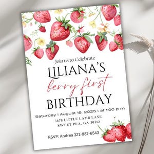 Berry First Birthday Invitation Digital, Editable Canva Template for Girl&#39;s Strawberry Party, Instant Download Invite