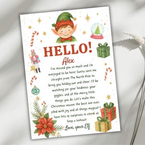 May include: A festive Christmas letter featuring an elf illustration, candy canes, and gift boxes. The text says "HELLO! Alex" and includes a personalized message from an elf, ideal for holiday greetings and children's presents.